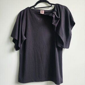 Anne Klein Black Asymmetrical Gathered Frill Sleeve Top, Size M